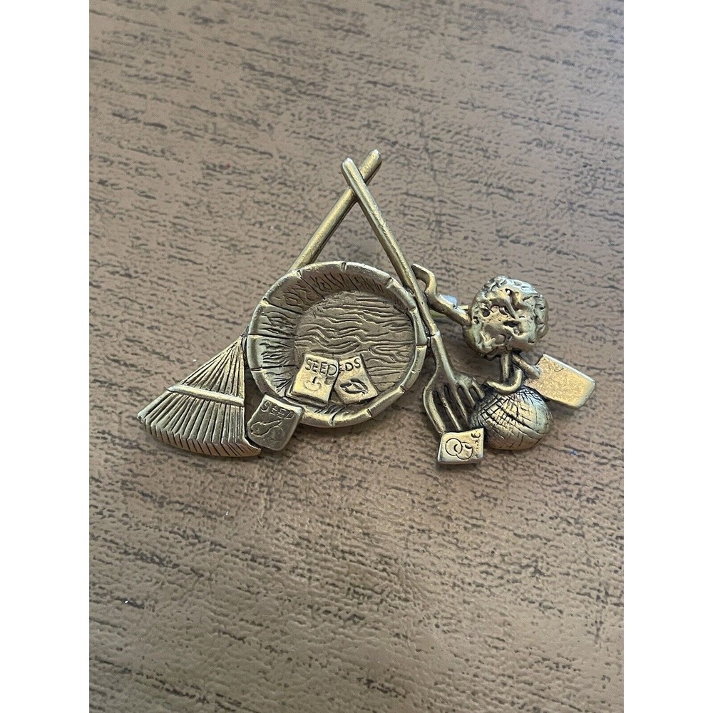 Vintage ESTATE Danecraft Gardener's Tools Basket Seeds Goldtone Brooch Pin